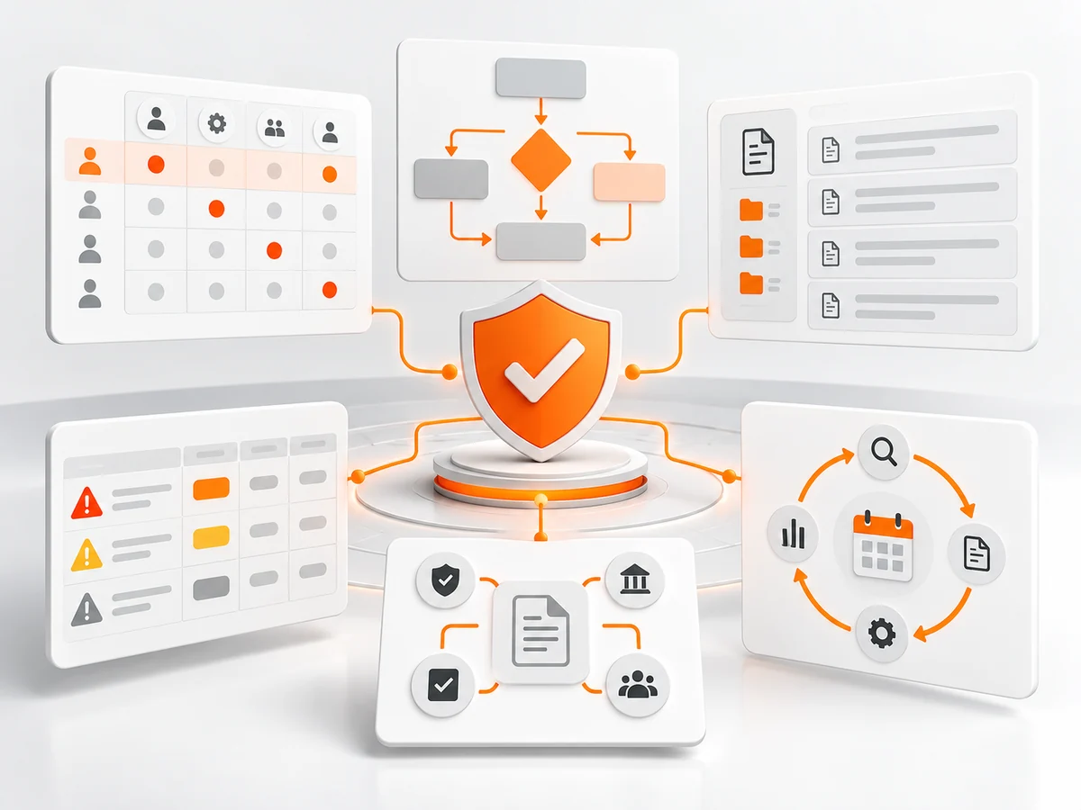 Illustratieve weergave van rollen, besluitvorming, controls en documentbeheer binnen governance.