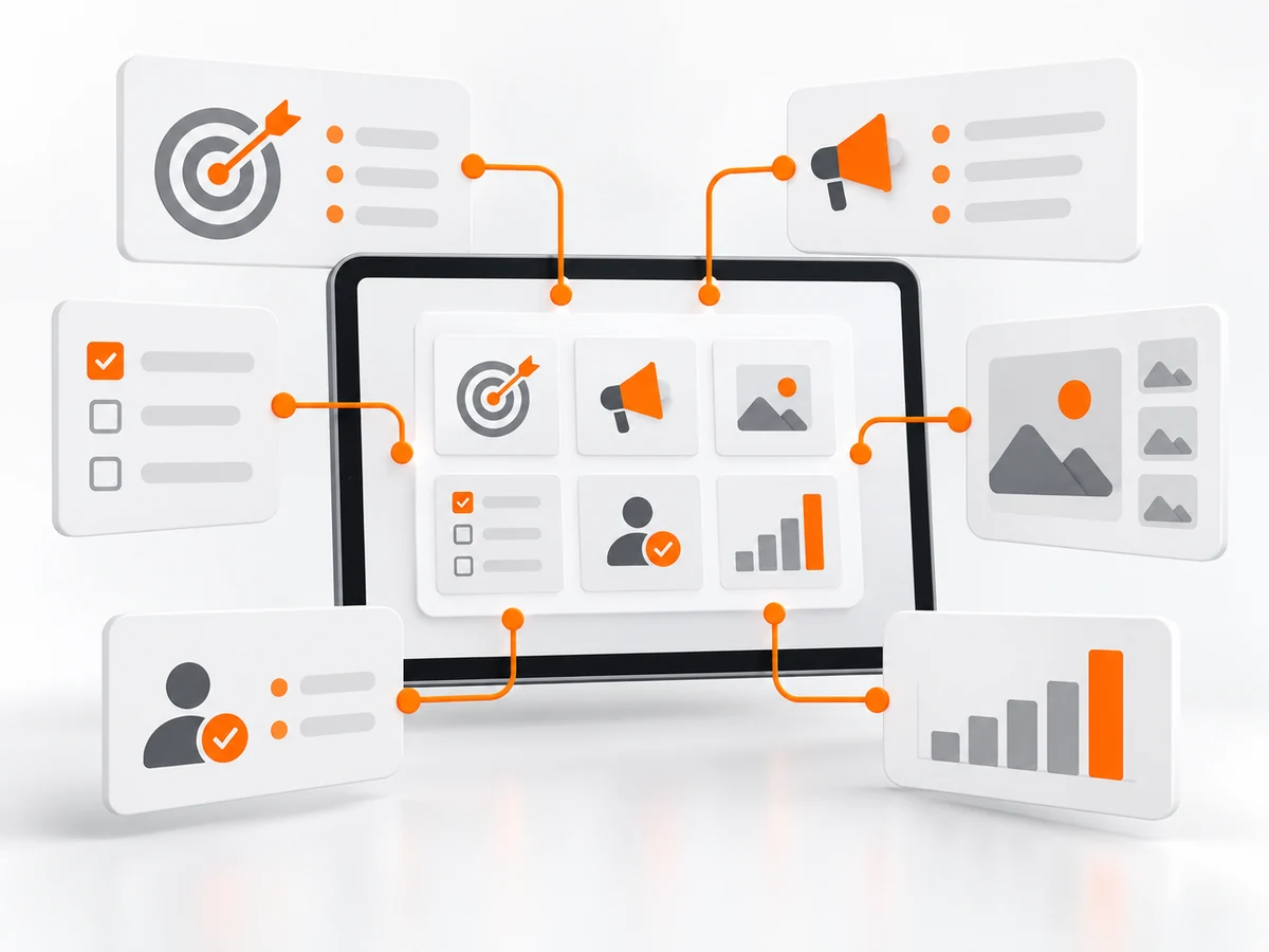 Illustratieve weergave van een gekoppeld marketingwerkproces met campagne-, content- en taakoverzichten.