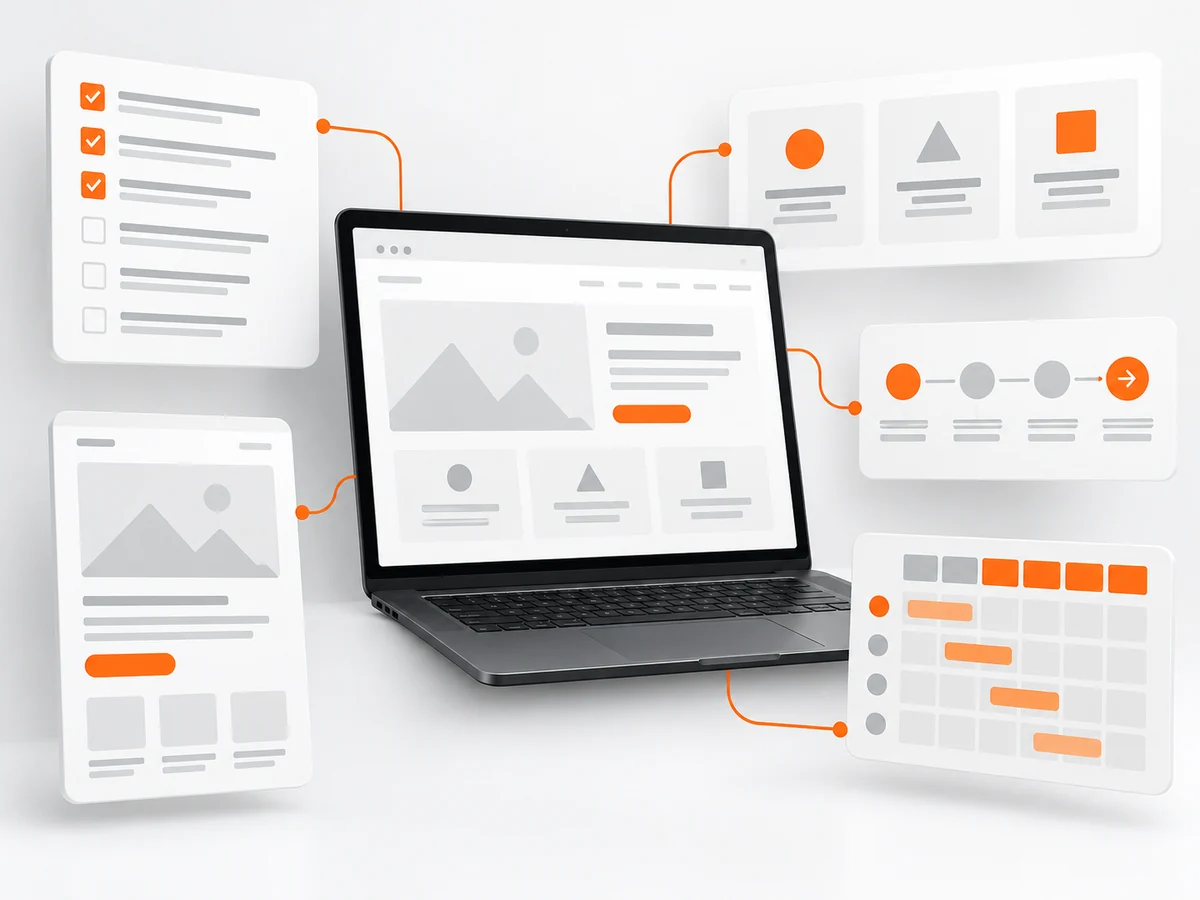 Illustratieve weergave van een website-wireframe, audit en verbeterprioriteiten.
