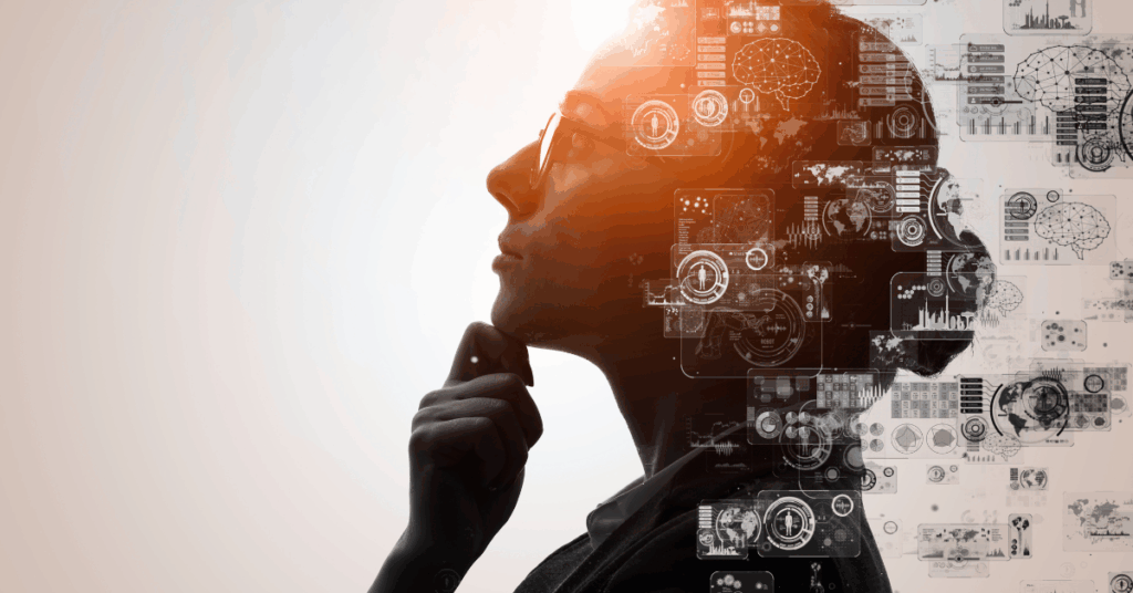 Hoofd van een vrouw met AI-iconen eromheen die de rol van kunstmatige intelligentie in social media management verbeeldt.