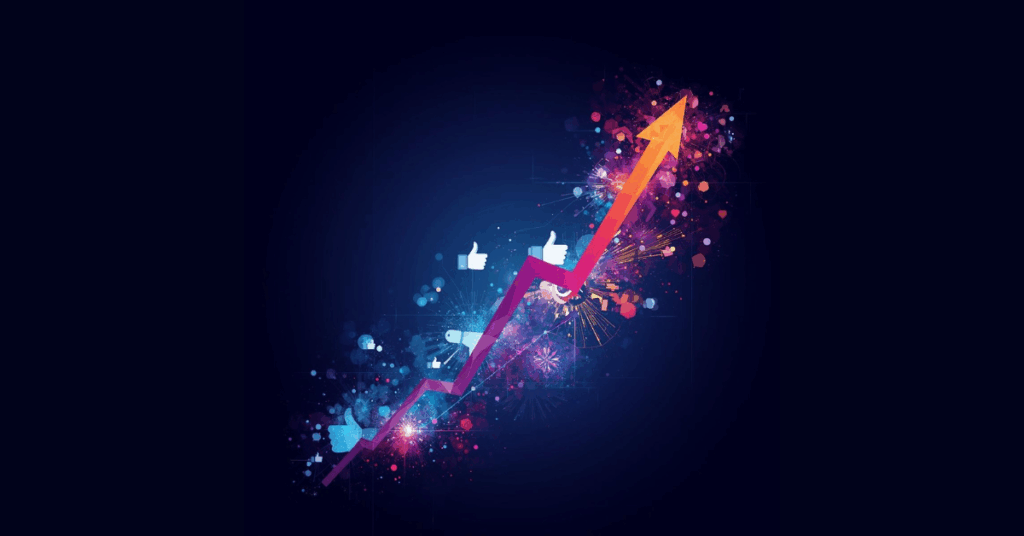 Stijgende grafieklijn met social media iconen die groei en zichtbaarheid van startups symboliseert – Viranex social media strategie.