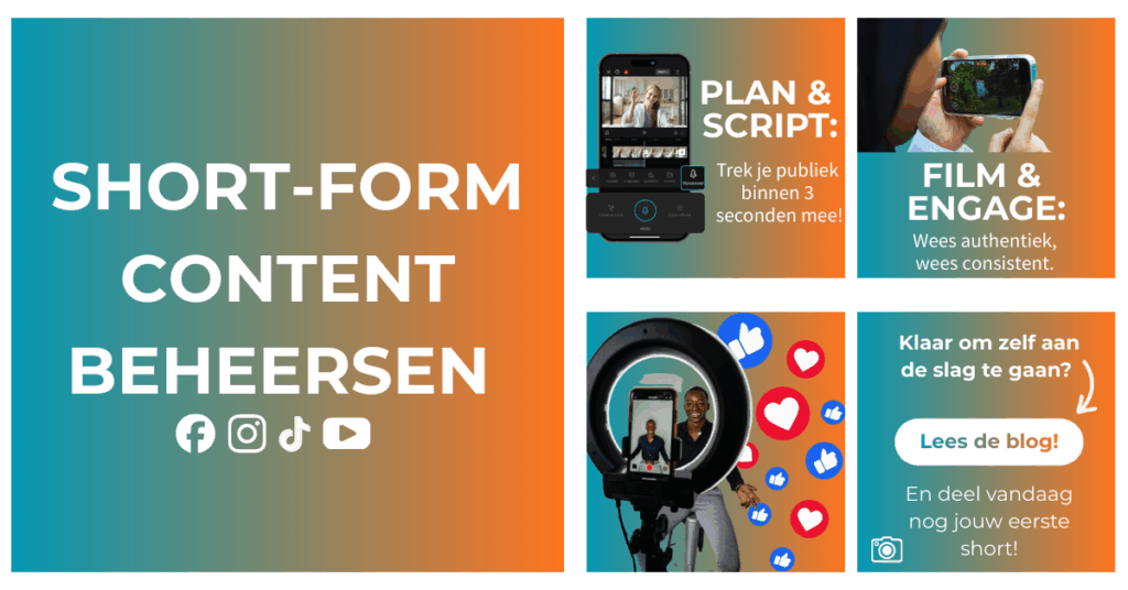 Uitgelichte afbeelding met tips om short-form content te maken, waaronder plannen, filmen en engagement, met iconen van sociale media.