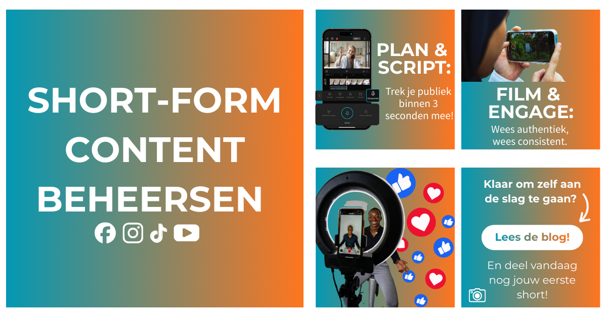 Uitgelichte afbeelding met tips om short-form content te maken, waaronder plannen, filmen en engagement, met iconen van sociale media.
