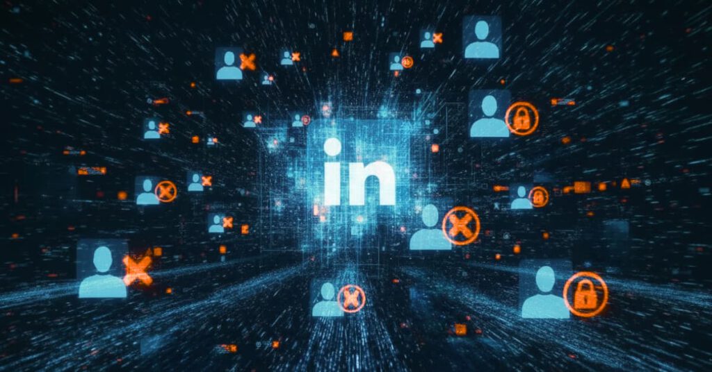 Digitale visual met het LinkedIn-logo, gebruikersiconen en rode blokkade- en waarschuwingstekens die verwijzen naar strengere anti-spam maatregelen.