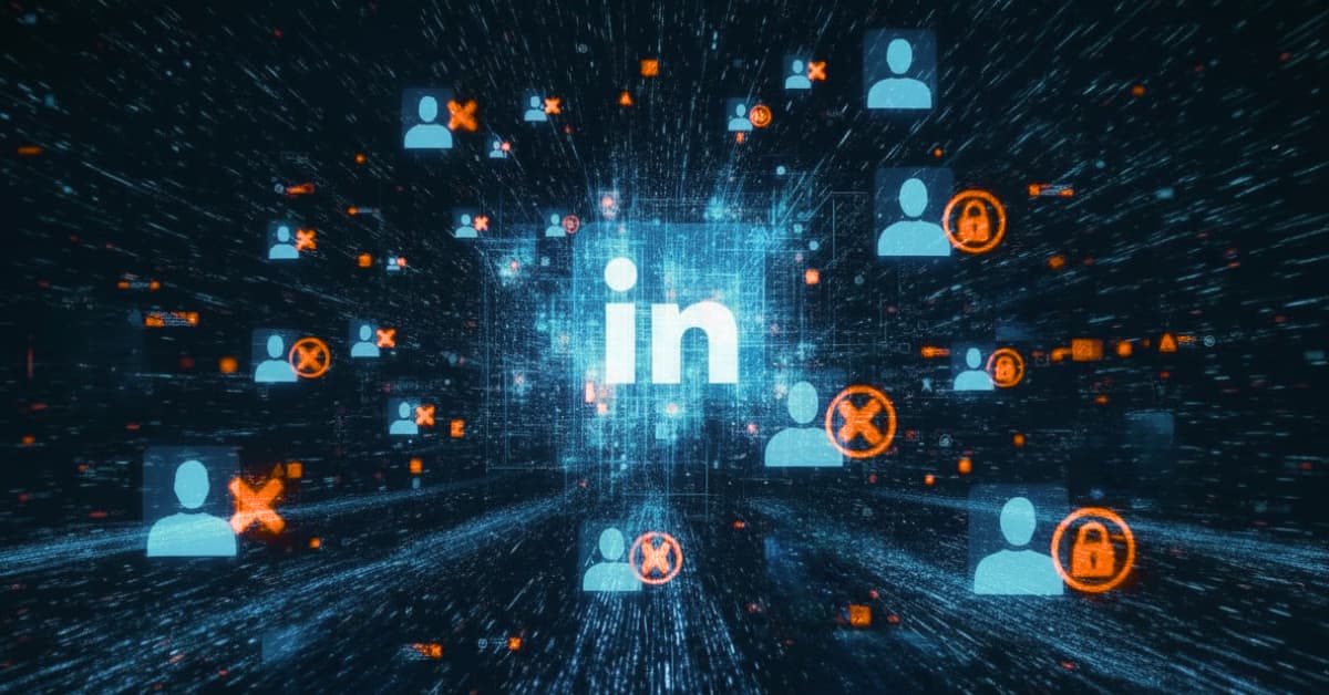 Digitale visual met het LinkedIn-logo, gebruikersiconen en rode blokkade- en waarschuwingstekens die verwijzen naar strengere anti-spam maatregelen.