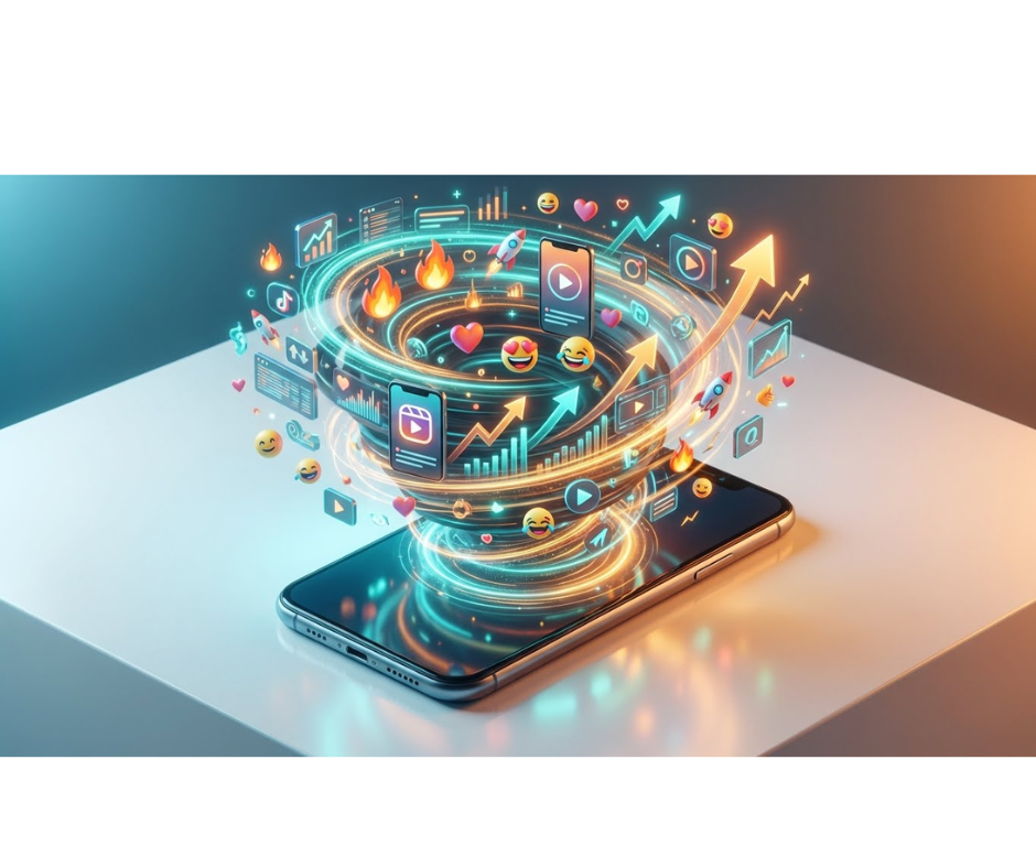 3D-visual van een smartphone waar icons zoals pijlen, likes, reacties, hashtags en video-symbolen omhoog komen, die social media groei, virale content en digitale engagement illustreren.