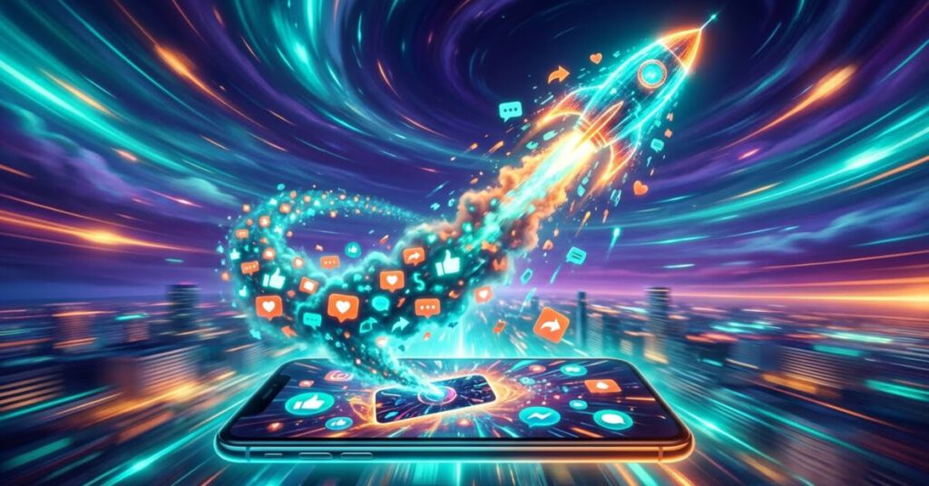 Waterverf-illustratie in teal en oranje kleuren met social media-iconen, pijlen die groei voorstellen en creatieve elementen die online zichtbaarheid en strategie van Viranex uitbeelden.