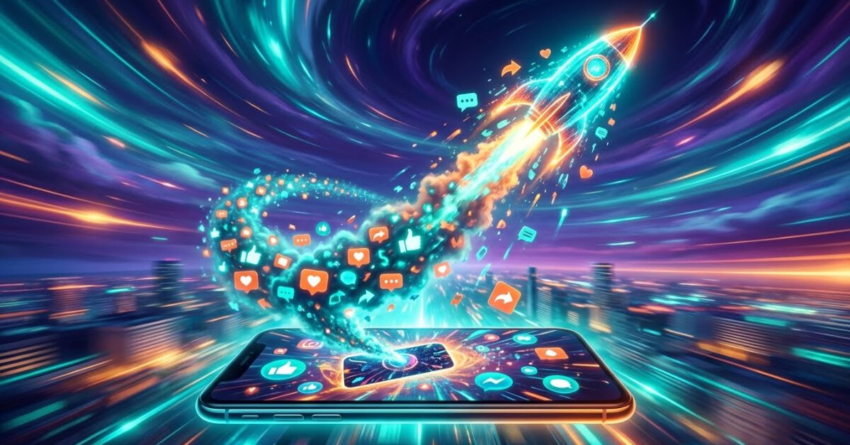 Waterverf-illustratie in teal en oranje kleuren met social media-iconen, pijlen die groei voorstellen en creatieve elementen die online zichtbaarheid en strategie van Viranex uitbeelden.