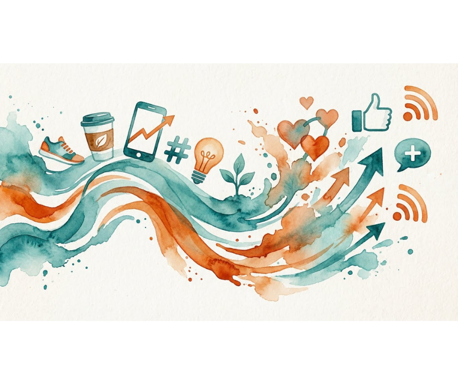 Waterverf-illustratie in teal en oranje kleuren met social media-iconen, pijlen die groei voorstellen en creatieve elementen die online zichtbaarheid en strategie van Viranex uitbeelden.