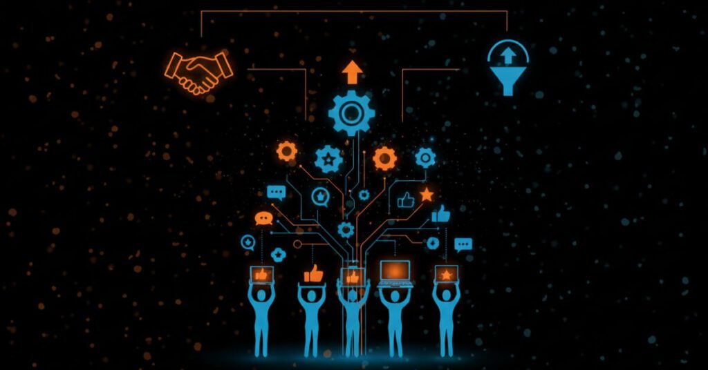 Illustratie van B2B user generated content met samenwerkende gebruikers, sociale interacties en digitale iconen die vertrouwen en conversie binnen B2B-marketing visualiseren.