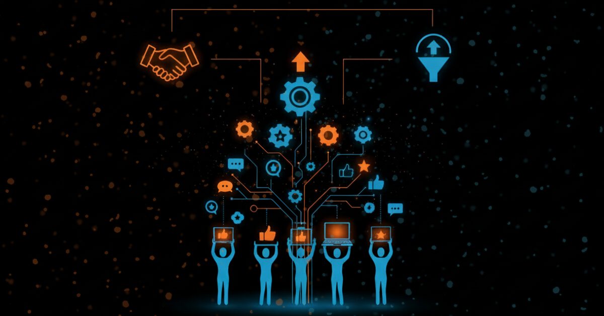 Illustratie van B2B user generated content met samenwerkende gebruikers, sociale interacties en digitale iconen die vertrouwen en conversie binnen B2B-marketing visualiseren.