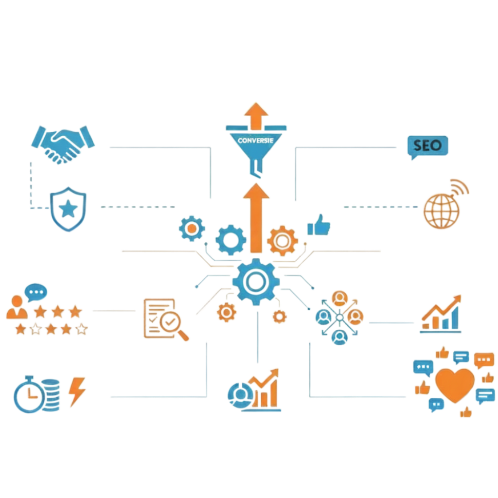 Visualisatie van een B2B user generated content funnel met iconen voor vertrouwen, SEO, engagement en conversie die samen bijdragen aan betere marketingprestaties.